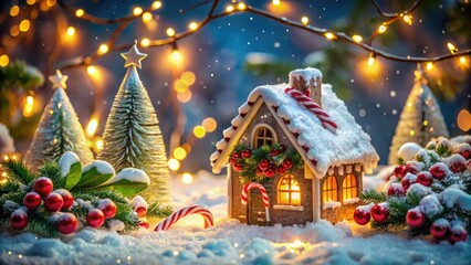 Adorable festive scene featuring a miniature snow-covered cottage, surrounded by twinkling fairy lights, holly, and candy canes, with a tiny Christmas tree in the foreground.