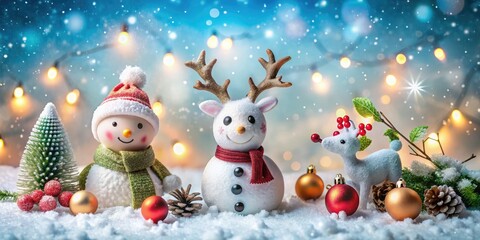 Adorable snowman, reindeer, and festive ornaments surrounded by snowflakes, holly, and sparkling lights create a whimsical and magical winter wonderland Christmas scene.