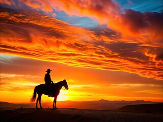 A lone horseback rider's dark silhouette stands in contrast to a vibrant orange and pink sunset, set against a vast, open desert landscape.