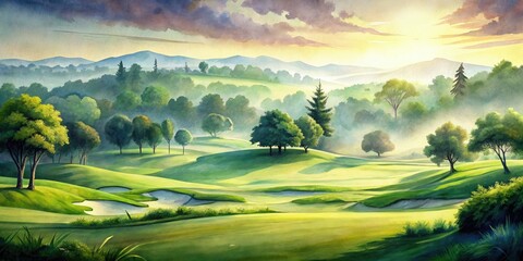 A serene and dreamy watercolor illustration of a peaceful golf course scene featuring lush greenery, rolling hills, and a misty morning atmosphere.