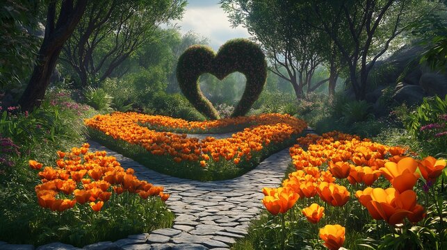 Heart Shaped Hedge and Orange Tulip Garden
