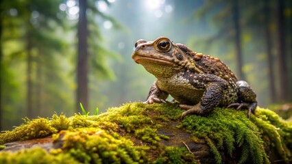 Fototapeta premium A solitary western toad rests on a moss-covered log in a misty forest, its warty skin blending with the earthy tones of its surroundings.