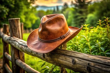 A vintage-inspired, worn leather cowboy hat rests on a rustic wooden fence post, surrounded by lush greenery, exuding a sense of rugged, rural Americana.