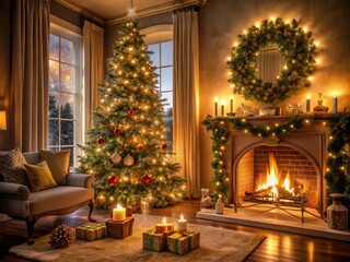 A warmly lit, ornately decorated Christmas tree stands tall in front of a crackling fireplace, surrounded by festive garlands and soft, golden candlelight ambiance.