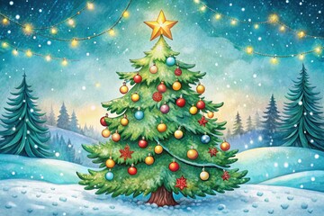 Fototapeta premium A whimsical hand-drawn illustration of a festive Christmas tree adorned with ornaments, garlands, and a star, set against a warm and cozy winter wonderland background.