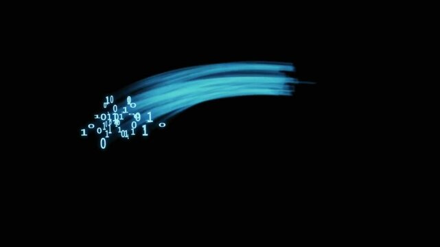 Animation of binary coding and blue light trails pattern moving over black background