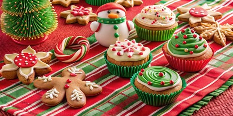 Colorful array of freshly baked holiday treats, including sugar cookies, gingerbread men, and candy cane-striped cupcakes, on a festive red and green tablecloth.