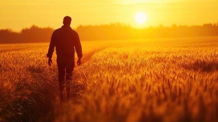 Fototapeta premium A farmer silhouette at sunset walking through an oat field, with warm golden light illuminating the scene.