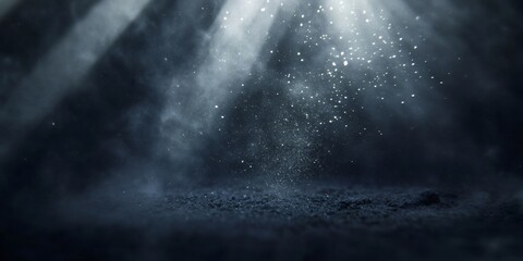 Abstract dark blue background with glowing white dust particles, beams of light and fog.