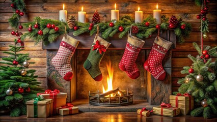 Cozy winter atmosphere with festive holiday stockings hung by the fireplace, adorned with snowflakes, holly, and ribbons, surrounded by candles and evergreen branches.