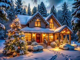 Fototapeta premium Cozy winter evening scene featuring a warmly lit, snow-covered house with festive holiday decorations, garlands, and twinkling lights, surrounded by evergreen trees and snowflakes.