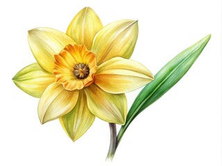 Obraz premium Delicate, dreamy watercolor illustration of a bright yellow daffodil with gentle, blended petals and a leafy green stem, perfect for springtime designs and projects.