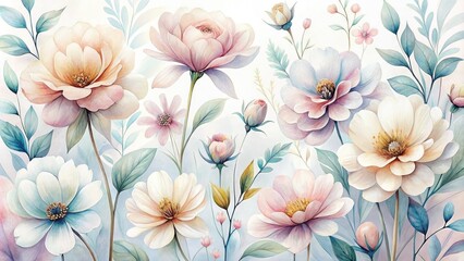 Delicate, dreamy watercolor flowers in soft pastel hues with transparent petals and stems, subtly layered on a crisp white background, evoking a sense of whimsy and elegance.