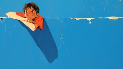  Curiosity Unveiled: Shy Little Boy Peeking from Behind a Blue Wall, Capturing Innocence and Wonder in a Playful Exploration

