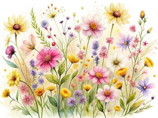 Delicate, dreamy watercolor illustration of vibrant wildflowers in shades of pink, yellow, and purple, scattered across a soft, creamy white background, evoking whimsy and freedom.