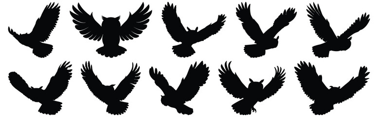 Owl silhouette set vector design big pack of flying illustration and icon
