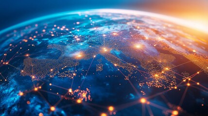 Obraz premium Global Network on a Digital Earth Globe Showcasing World Finance Connectivity and Business Trading, Emphasizing Telecommunication and International Business Interactions in a Modern Digital Landscape,