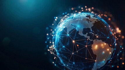 Obraz premium Global Network on a Digital Earth Globe Showcasing World Finance Connectivity and Business Trading, Emphasizing Telecommunication and International Business Interactions in a Modern Digital Landscape,