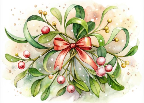 Delicate, whimsical watercolor mistletoe illustration with soft, blended hues and gentle, swirling brushstrokes, evoking a romantic and festive holiday atmosphere.