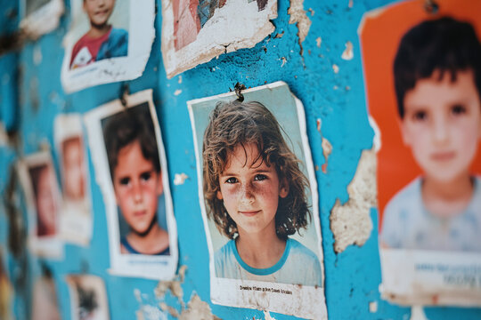 a wall covered with missing children posters, each featuring a child's photo and details