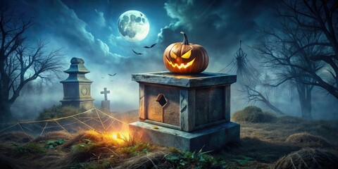 Ominous, dimly-lit jack-in-the-box perched on a decrepit, cobweb-covered tombstone, its lid slightly ajar, amidst a eerie, moonlit graveyard on a spooky Halloween night.