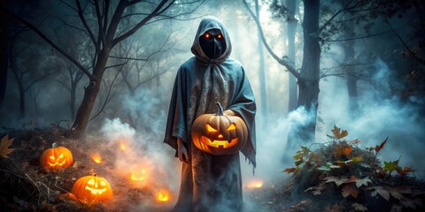Ominous figure in a sinister mask stands amidst autumn leaves and eerie fog, illuminated by a jack-o-lantern, evoking the essence of a haunting holiday theme.