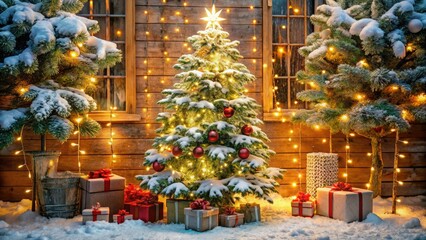 Snowflake-covered evergreen tree stands tall amidst festive holiday decorations, twinkling string lights, and wrapped gifts, evoking a sense of magic and winter wonderland enchantment.
