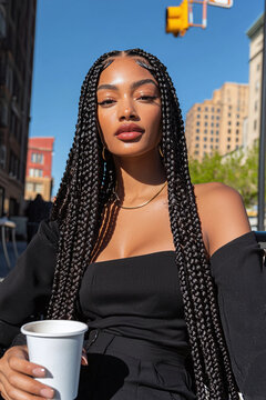 a stylish young african american woman with long, sleek box braids, sitting at an outdoor caf&eacute; with a cityscape background