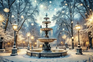 Fototapeta premium Snowflakes gently fall on a vintage-inspired, monochrome winter wonderland scene, featuring bare trees, ornate lampposts, and a majestic frozen fountain, evoking classic holiday charm.