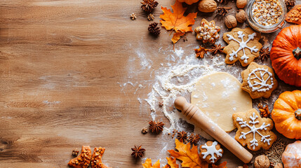 A wooden table with a variety of baked goods and fall decorations