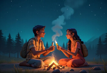 Comic A young Indian couple sitting on the ground under a starry night sky