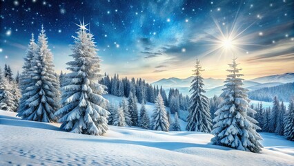 Fototapeta premium Snowflakes gently fall onto a serene winter wonderland scene, blanketing rolling hills and frosty evergreen trees in a thick layer of pristine white snow.