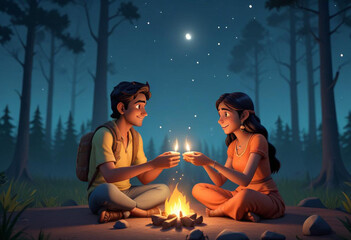 Comic A young Indian couple sitting on the ground under a starry night sky