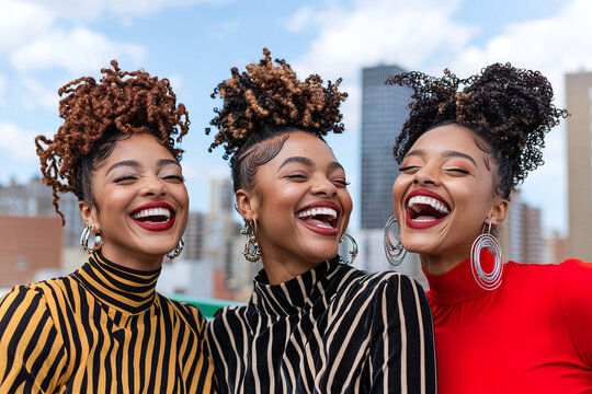 happy African American women with different natural hairstyles - twist-out, wash-and-go, and bantu knots 
