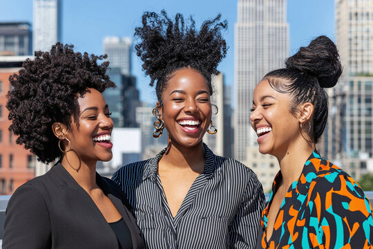 happy African American women with different natural hairstyles - twist-out, wash-and-go, and bantu knots 
