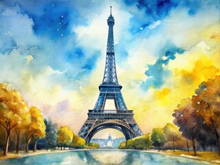 Obraz premium Softly blended hues of blue and yellow dance across the canvas, evoking a whimsical, dreamy quality in this delicate watercolor depiction of Paris' iconic iron landmark.