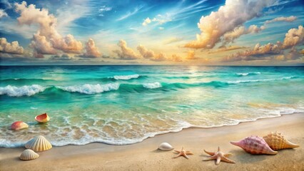 Softly blended hues of turquoise and coral evoke a serene seaside atmosphere in a whimsical watercolor depiction of a tranquil beach with gentle waves and seashells.