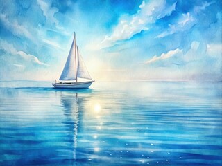 Fototapeta premium Softly blurred watercolor sailboat glides across serene blue waters, surrounded by delicate ripples and gentle waves, evoking a sense of peaceful summer nostalgia.