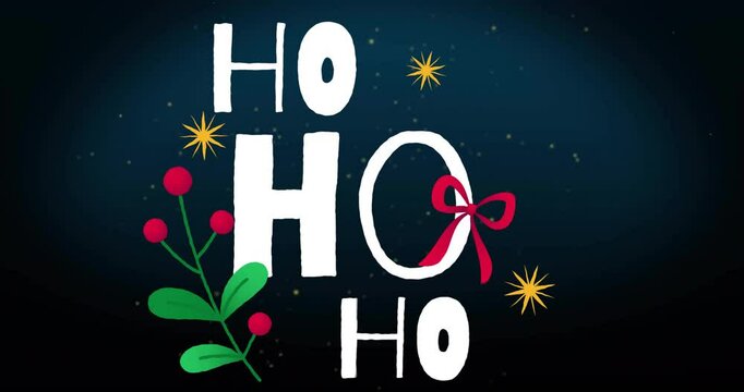 Animation of ho ho ho text over light spots on black background