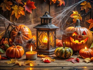 Obraz premium Spooky ambiance fills the room with cobweb-covered Pumpkins, lanterns, and eerie artifacts amidst autumn leaves, creating a hauntingly festive Halloween decoration setting.