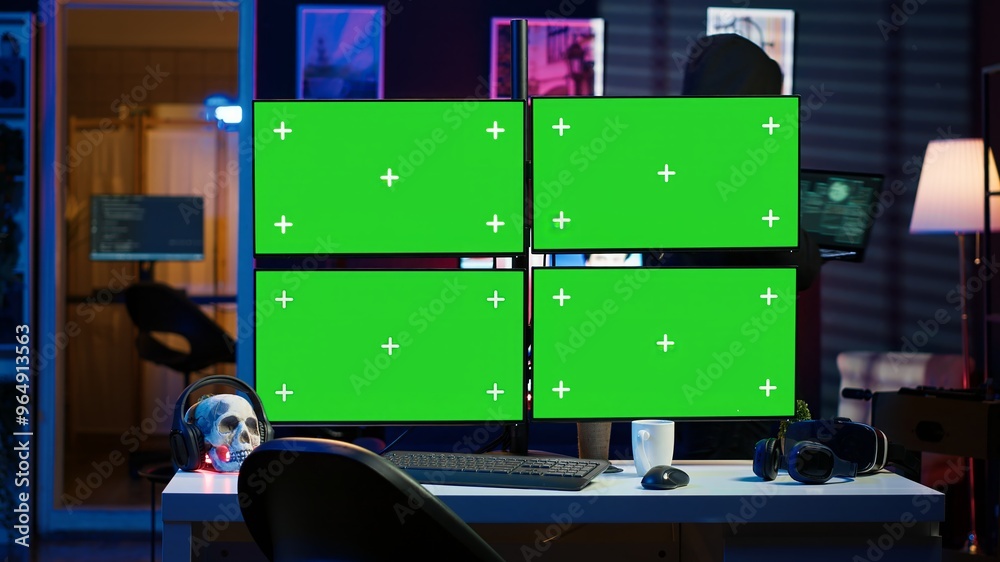 Poster hacker using isolated screen multi monitor pc setup, doing computer sabotage using ransomware. cyber