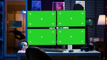 Hacker using isolated screen multi monitor PC setup, doing computer sabotage using ransomware....