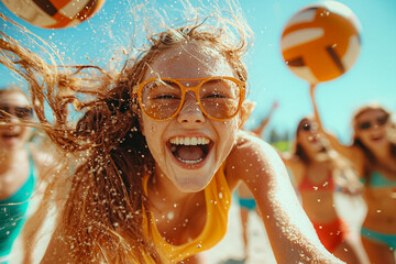 A girl is smiling and playing with a volleyball