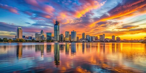 Fototapeta premium Vibrant sunset over the Swan River, with the Perth city skyline and iconic Bell Tower reflecting off the calm waters in Western Australia.