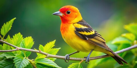Obraz premium Vibrant western tanager perches on a branch amidst lush green foliage, showcasing its bright orange head, yellow body, and distinctive songbird features in warm natural light.