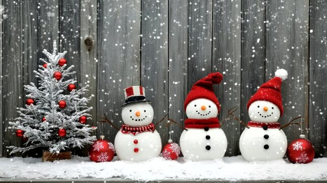 snowmen family with a hat, snowing in front of a grey wooden wall background, with red and white winter decorations. seamless looping time-lapse virtual 4k video animation background	