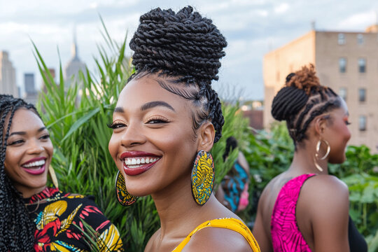 a group of african american women with various protective styles - braids, twists, and wigs - enjoying a rooftop garden party
