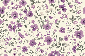 Seamless wallpaper pattern of small, ditsy floral print in muted mauve and sage green on a cream background