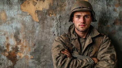 Obraz premium Soldier in uniform poses confidently against a weathered wall backdrop