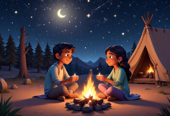 Comic A young Indian couple sitting on the ground under a starry night sky